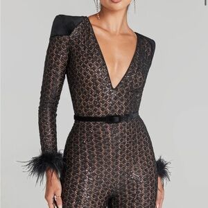 NADINE MERABI Black Sequin Feather Trim Jumpsuit
